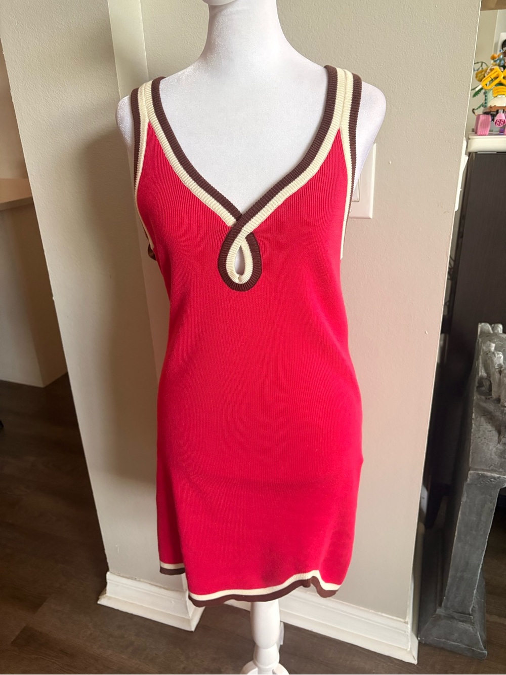Red Knit V‑Neck Slip Dress with Cream & Brown Trim